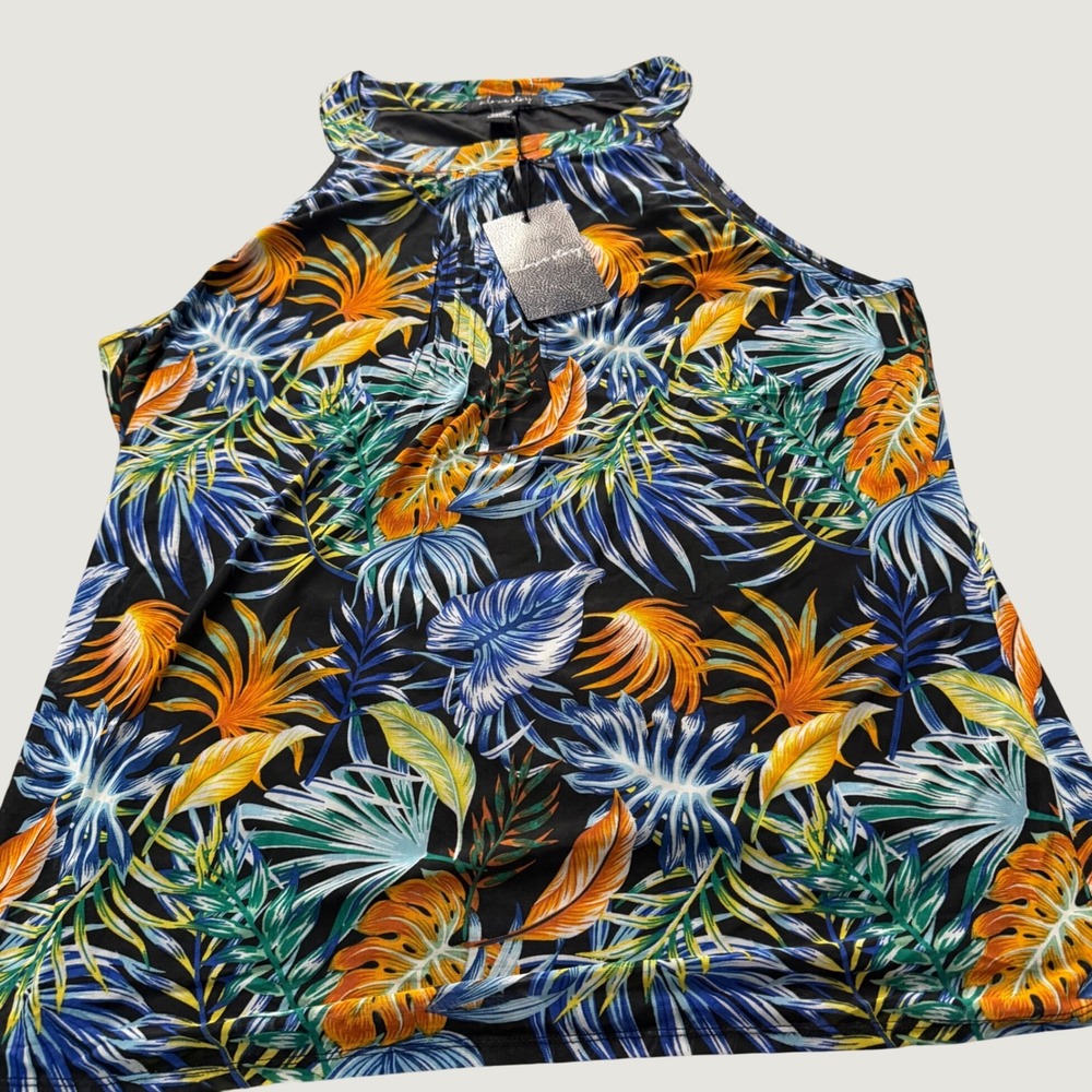 Tropical Halter Top 2X Palm Print Knit Sleeveless Black Multi NEW